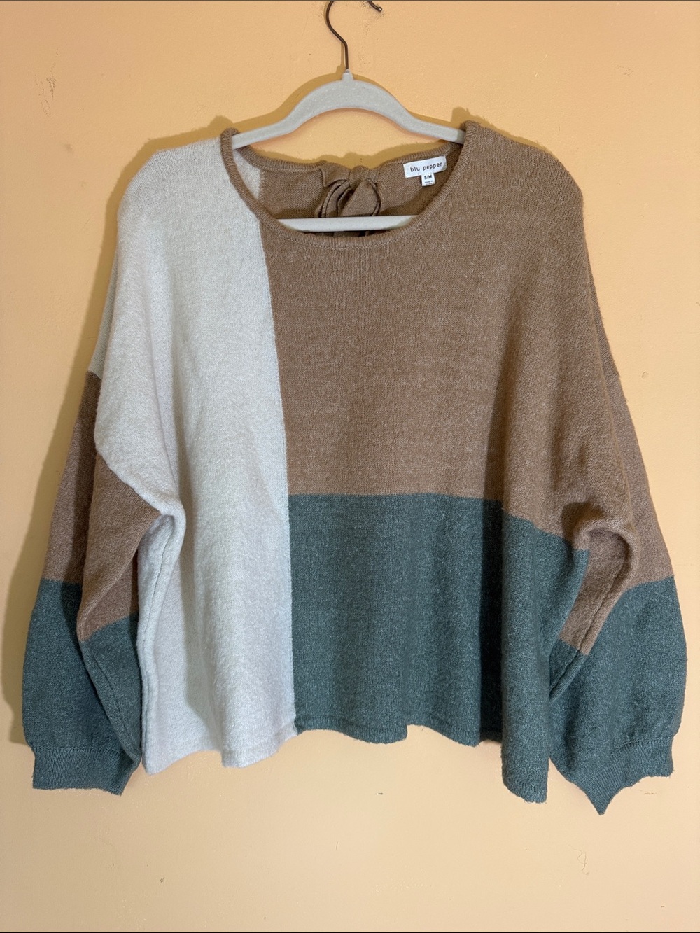 Blu Pepper Colorblock Back-Tie Knit Sweater - Earthy Neutrals Size S/M